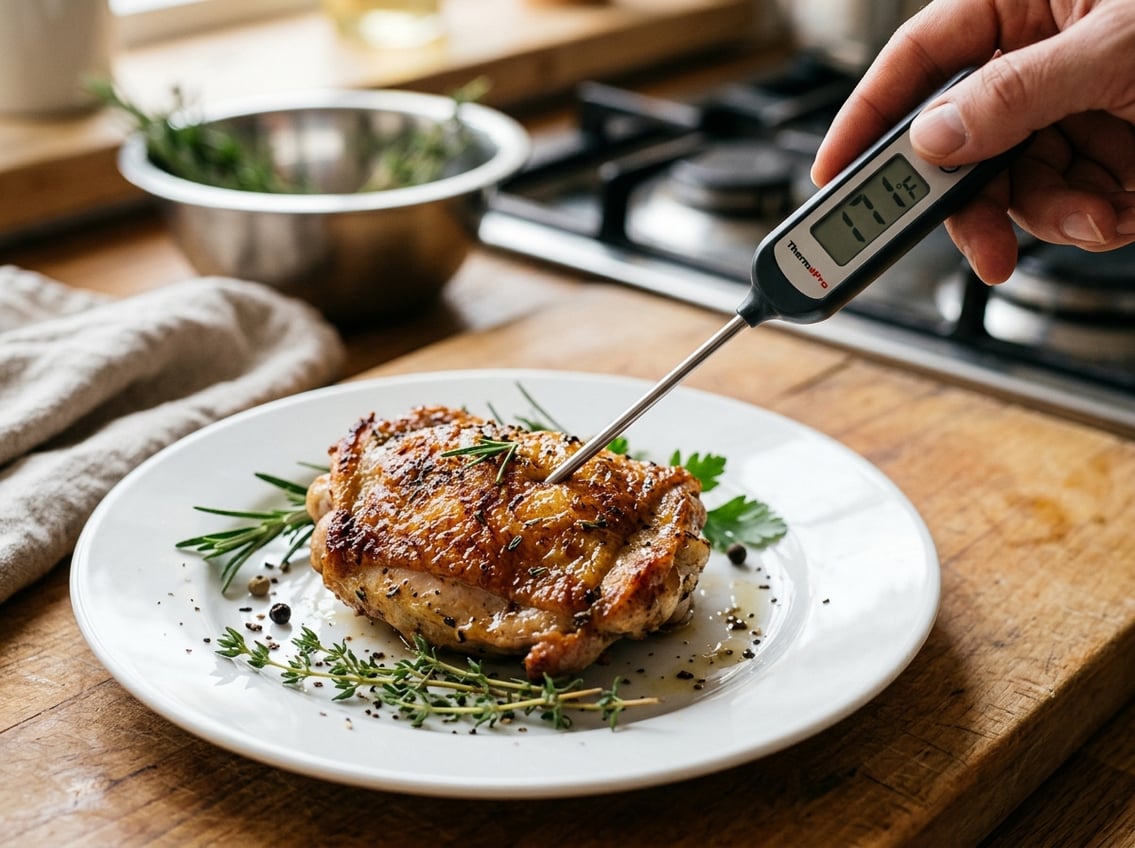 Close-up of a cooked chicken thigh on a plate being checked with a meat thermometer.