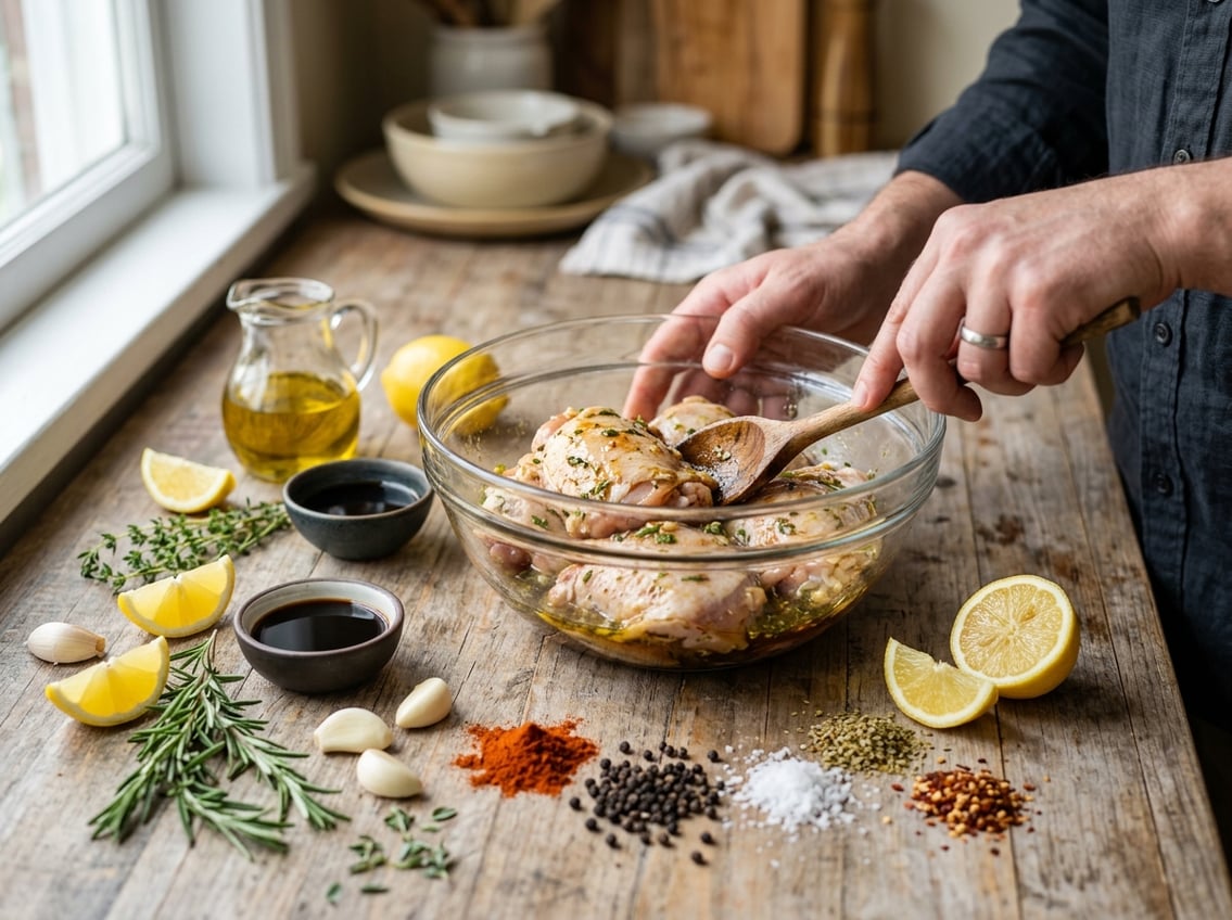 Fresh raw chicken thighs in a bowl surrounded by herbs, lemon wedges, garlic, olive oil, soy sauce, and spices on a wooden countertop with a hand mixing the marinade.