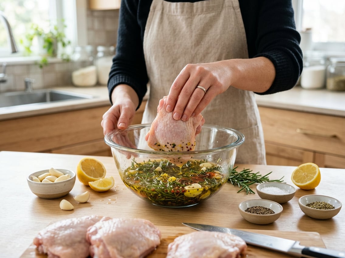 Hands preparing raw chicken thighs in a bowl with herbs and spices on a kitchen countertop.