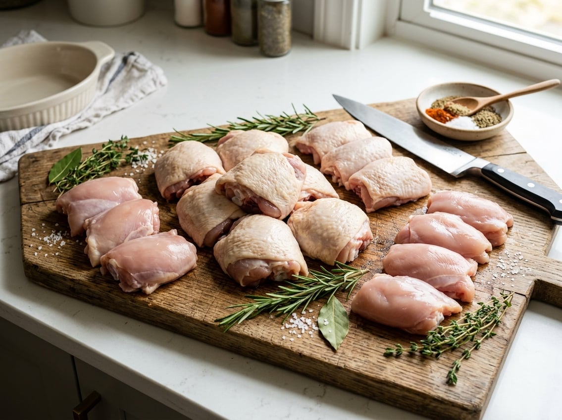 An assortment of raw chicken thighs on a wooden cutting board with fresh herbs and kitchen tools on a bright kitchen countertop.