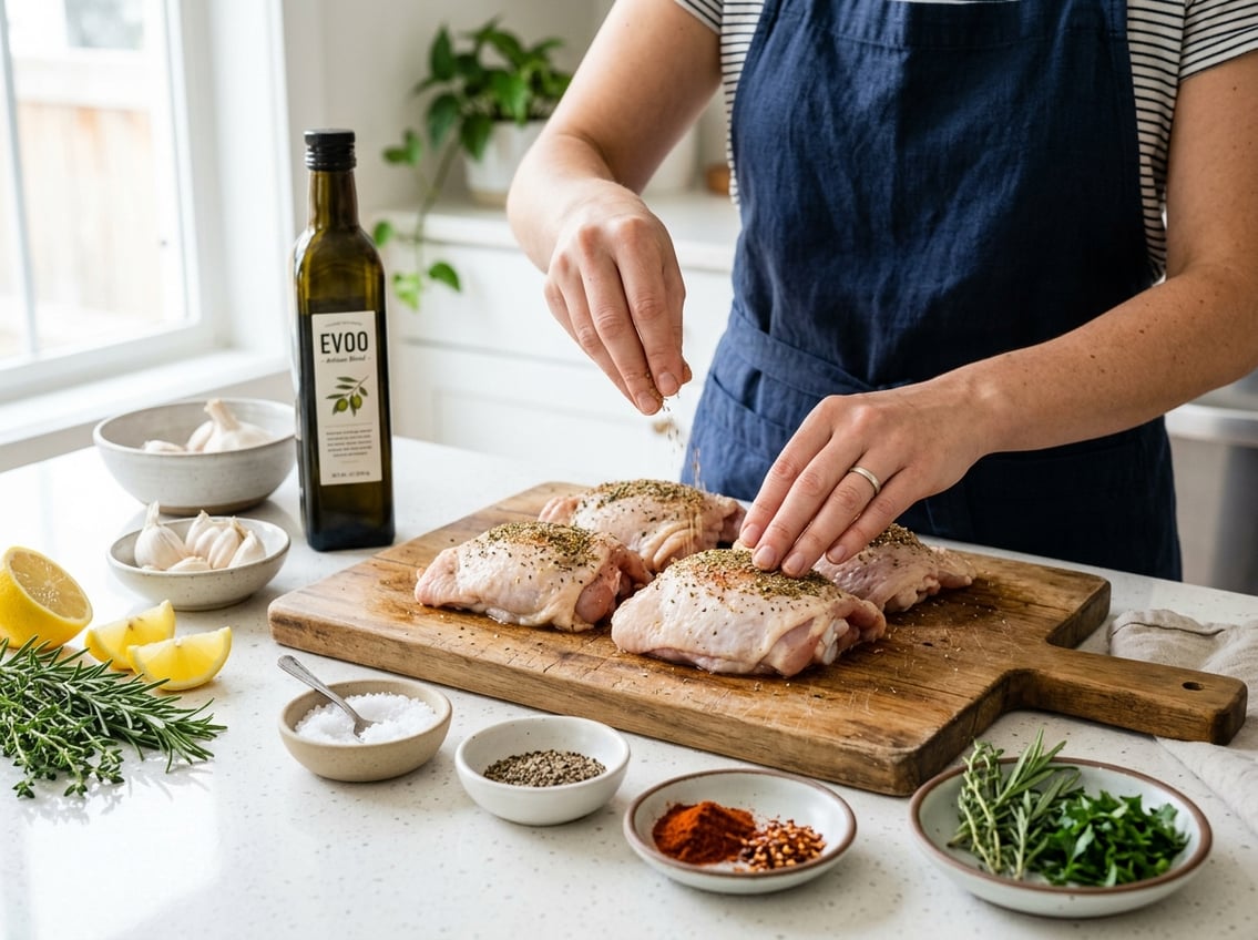 Hands seasoning raw chicken thighs on a kitchen countertop with bowls of spices and fresh ingredients nearby.