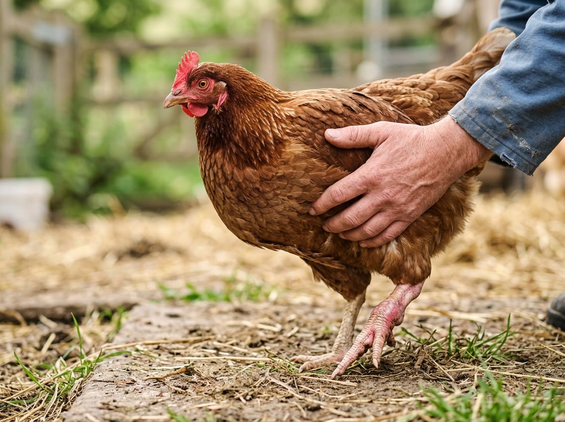 A chicken with an injured leg being gently supported by a person's hand on a farm ground.