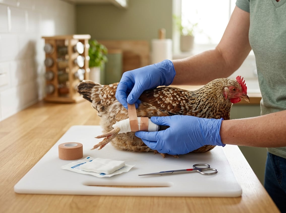 A person wearing gloves providing first aid to a broken chicken leg on a cutting board with first aid supplies nearby.