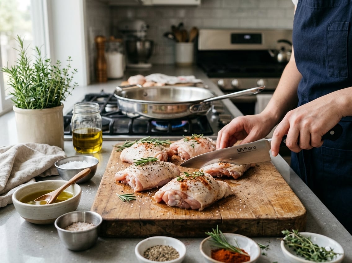 Fresh chicken thighs on a cutting board with herbs, spices, and a pan heating on the stove in a kitchen.