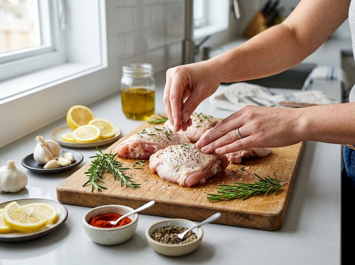 Hands seasoning raw chicken thighs on a cutting board surrounded by fresh herbs, garlic, lemon slices, and spices in a kitchen setting.