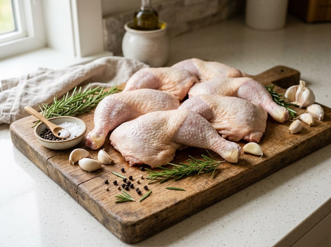 Raw chicken leg and thigh cuts on a wooden cutting board with garlic, rosemary, salt, and pepper on a kitchen countertop.