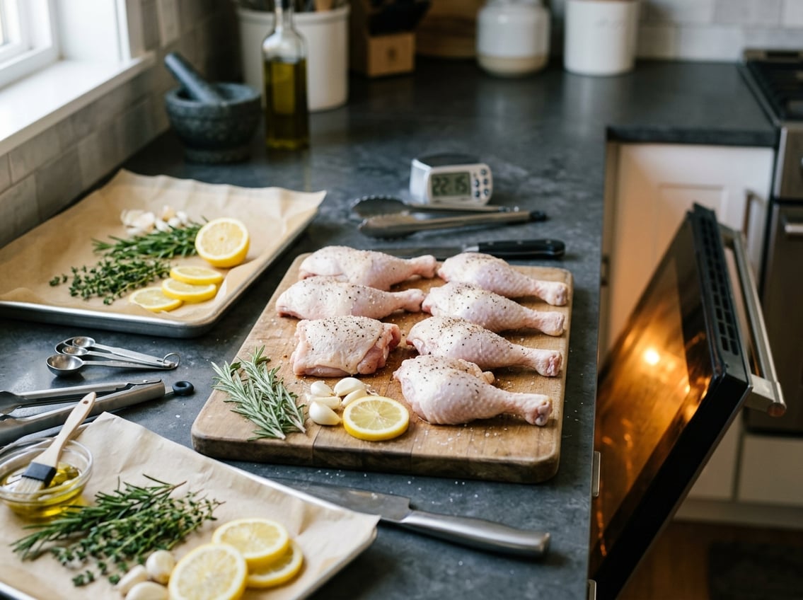 Raw chicken thighs with legs attached on a kitchen countertop surrounded by herbs, garlic, lemon slices, and a baking tray, with an oven door slightly open in the background.