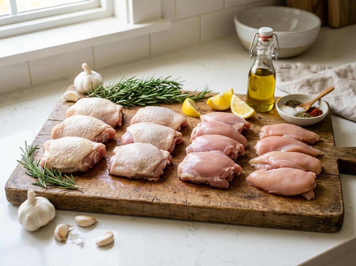 Various types of raw chicken thighs on a wooden cutting board with fresh herbs, garlic, lemon, olive oil, and spices on a kitchen countertop.