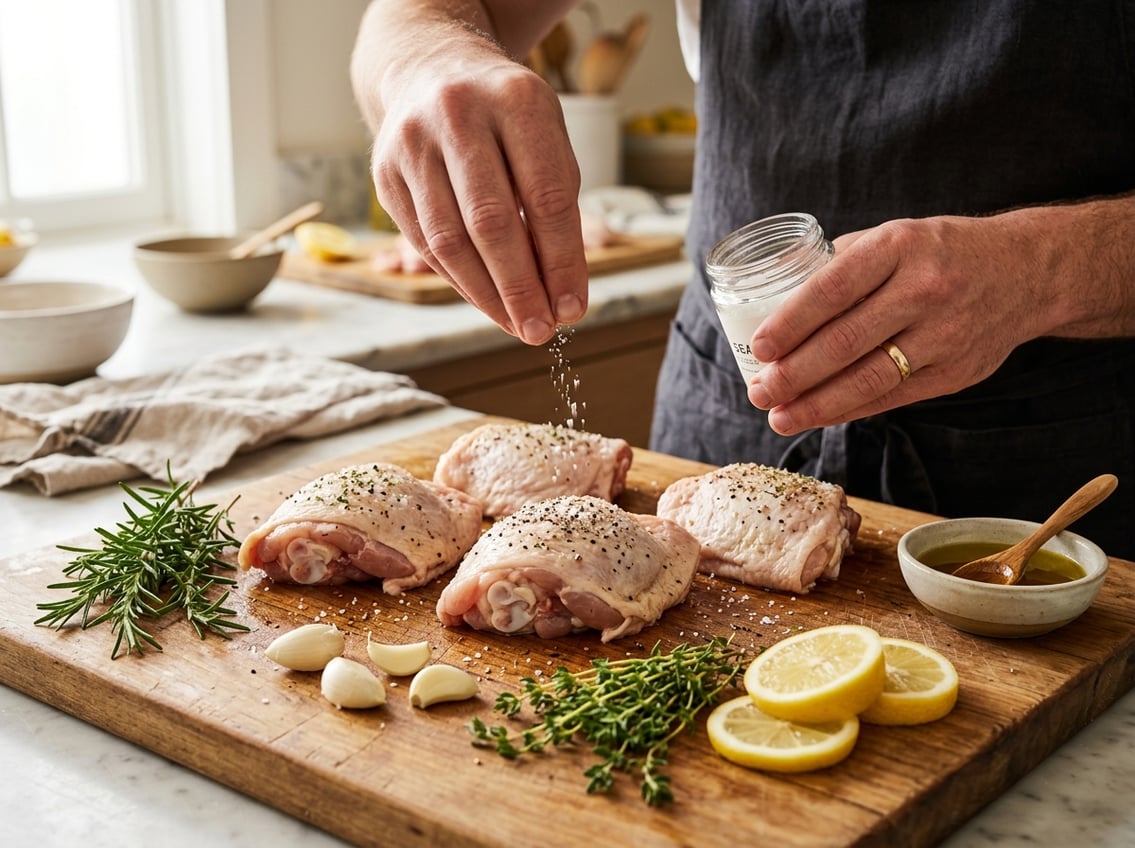 Hands seasoning raw chicken thighs on a cutting board with herbs, garlic, and lemon slices nearby in a kitchen.