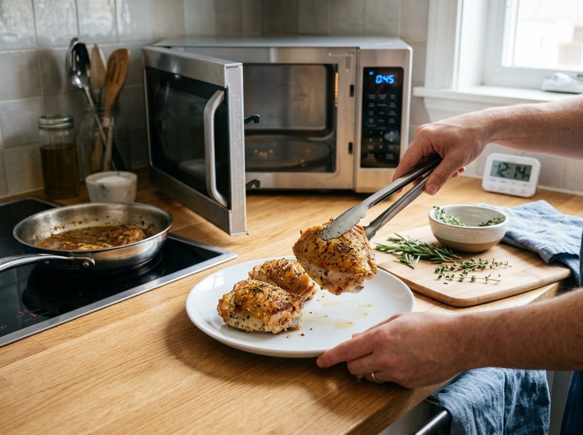 Close-up of cooked chicken thighs on a plate with hands holding tongs in a modern kitchen near a microwave and stovetop.