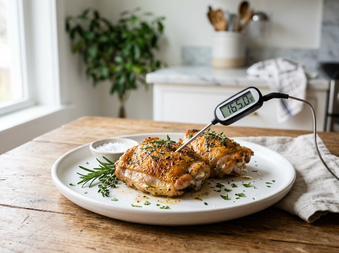 Close-up of cooked chicken thighs on a white plate with a digital food thermometer showing a safe internal temperature.