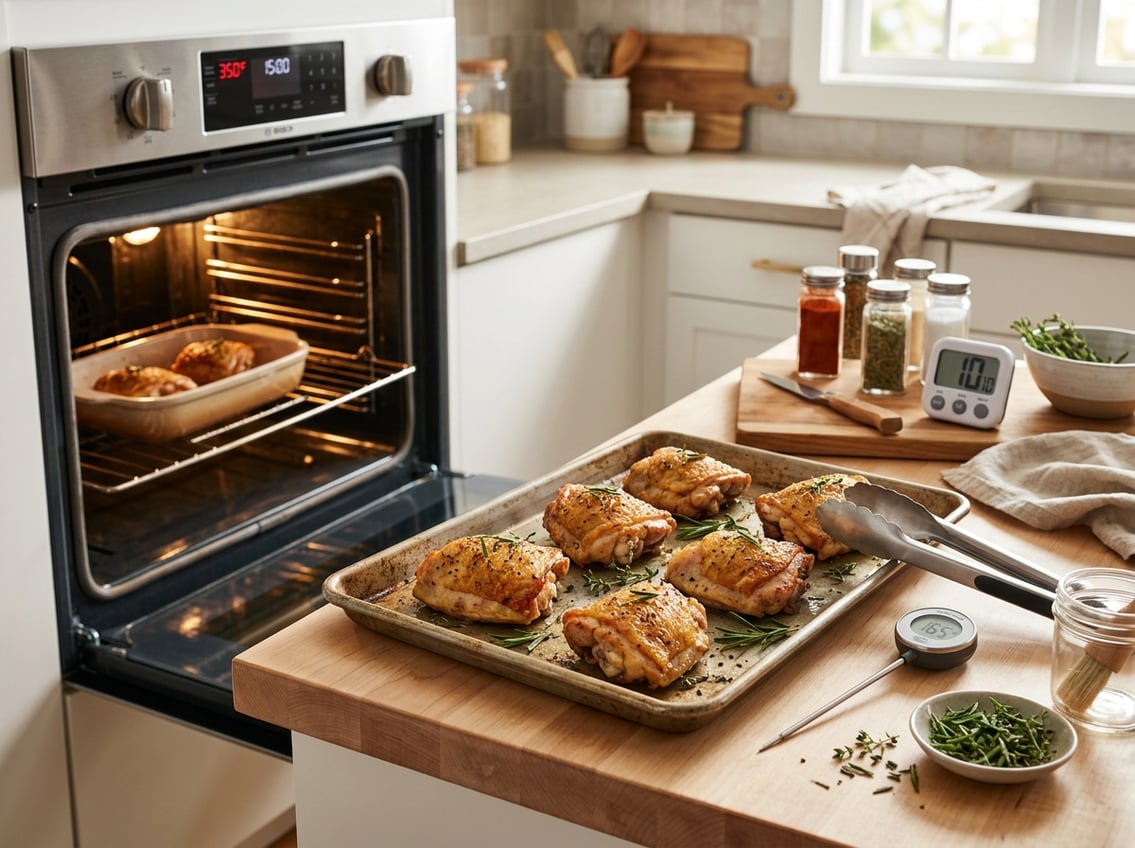 Chicken thighs on a baking tray next to an open oven in a kitchen setting with cooking utensils and fresh herbs nearby.