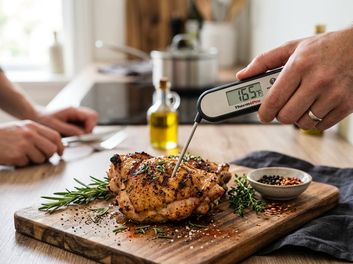 Close-up of a person checking the temperature of a cooked chicken thigh with a digital meat thermometer in a kitchen.