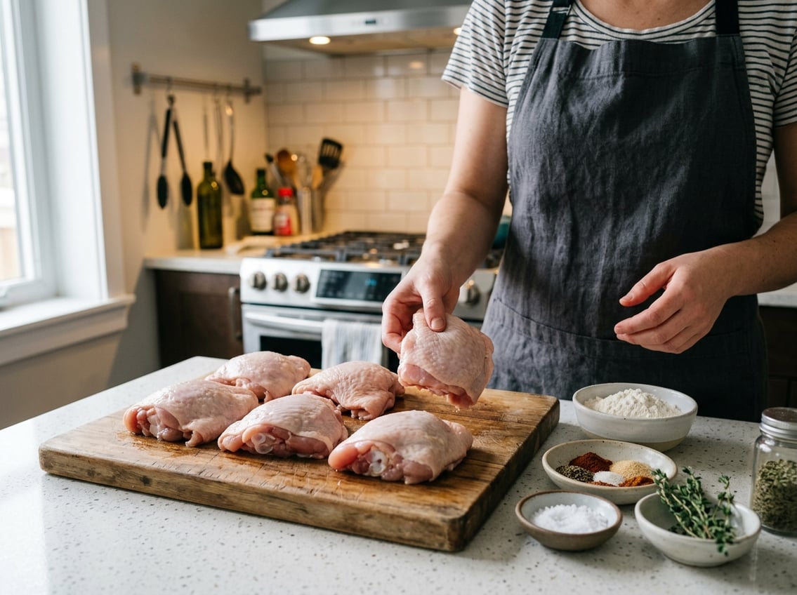 Hands selecting raw chicken thighs on a cutting board with bowls of spices and flour nearby in a kitchen.