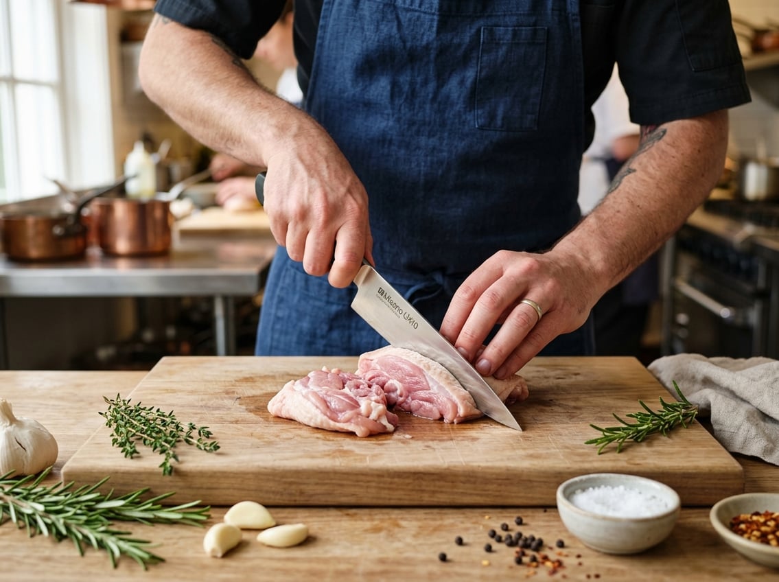 Hands of a chef cutting raw chicken thighs on a wooden cutting board with fresh ingredients nearby.