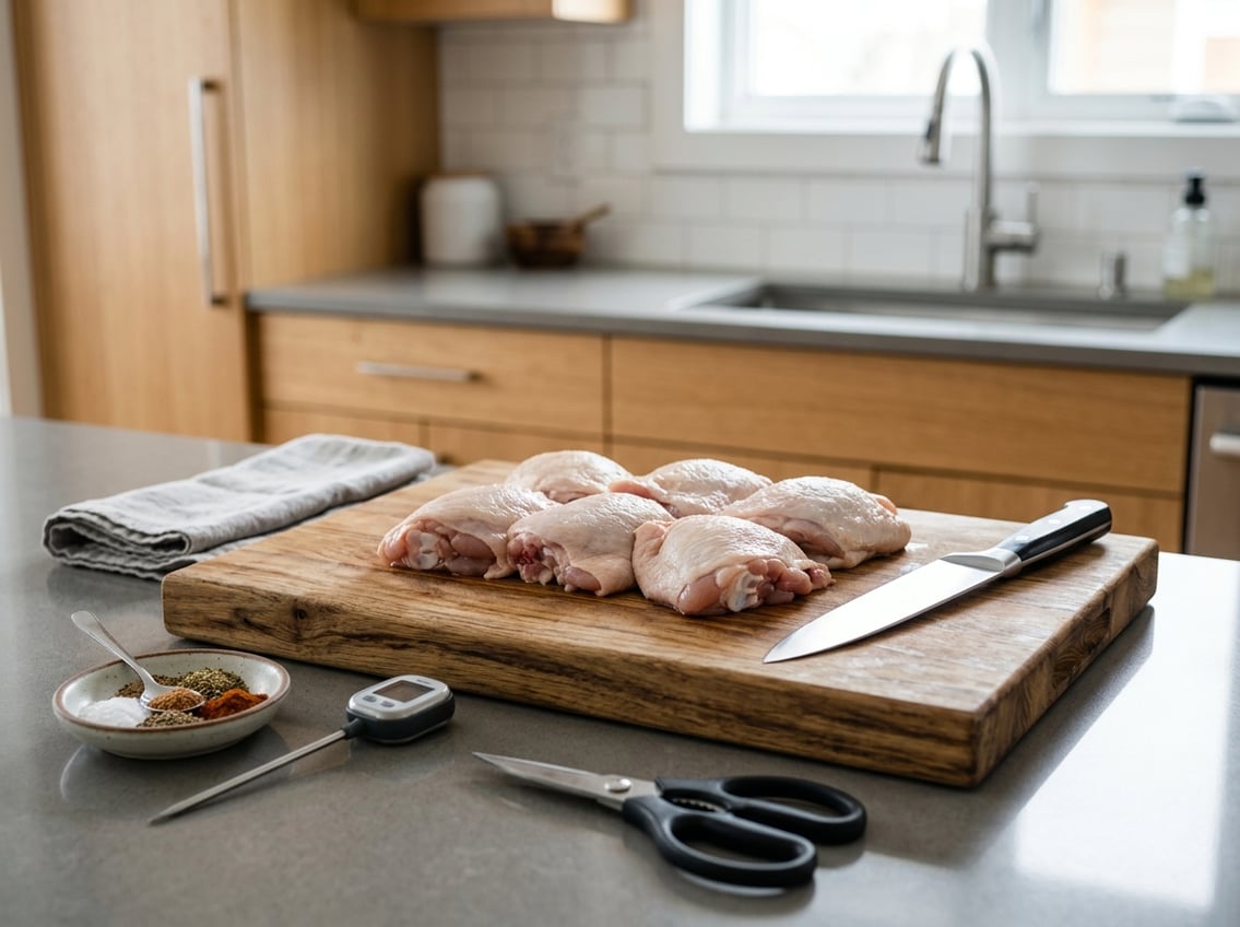 A kitchen countertop with raw chicken thighs on a cutting board next to a chef's knife and kitchen tools ready for preparation.