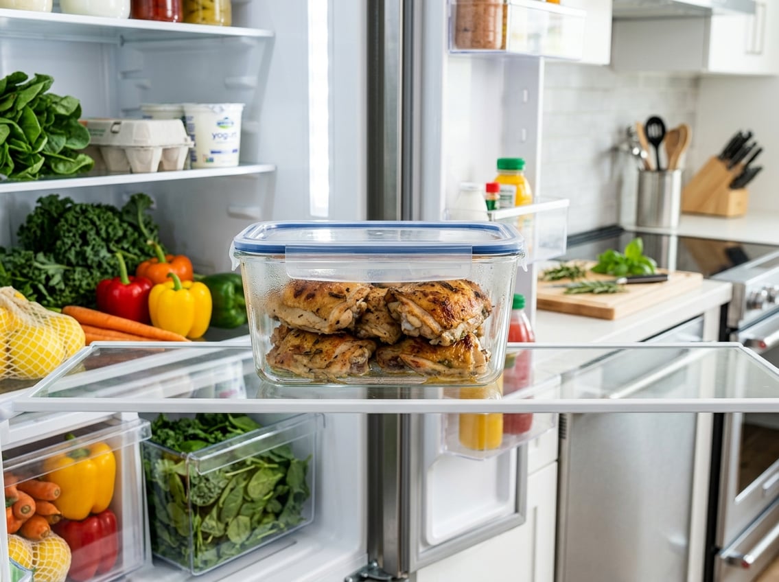 Cooked chicken thighs stored in a clear airtight container inside a refrigerator with fresh vegetables nearby.