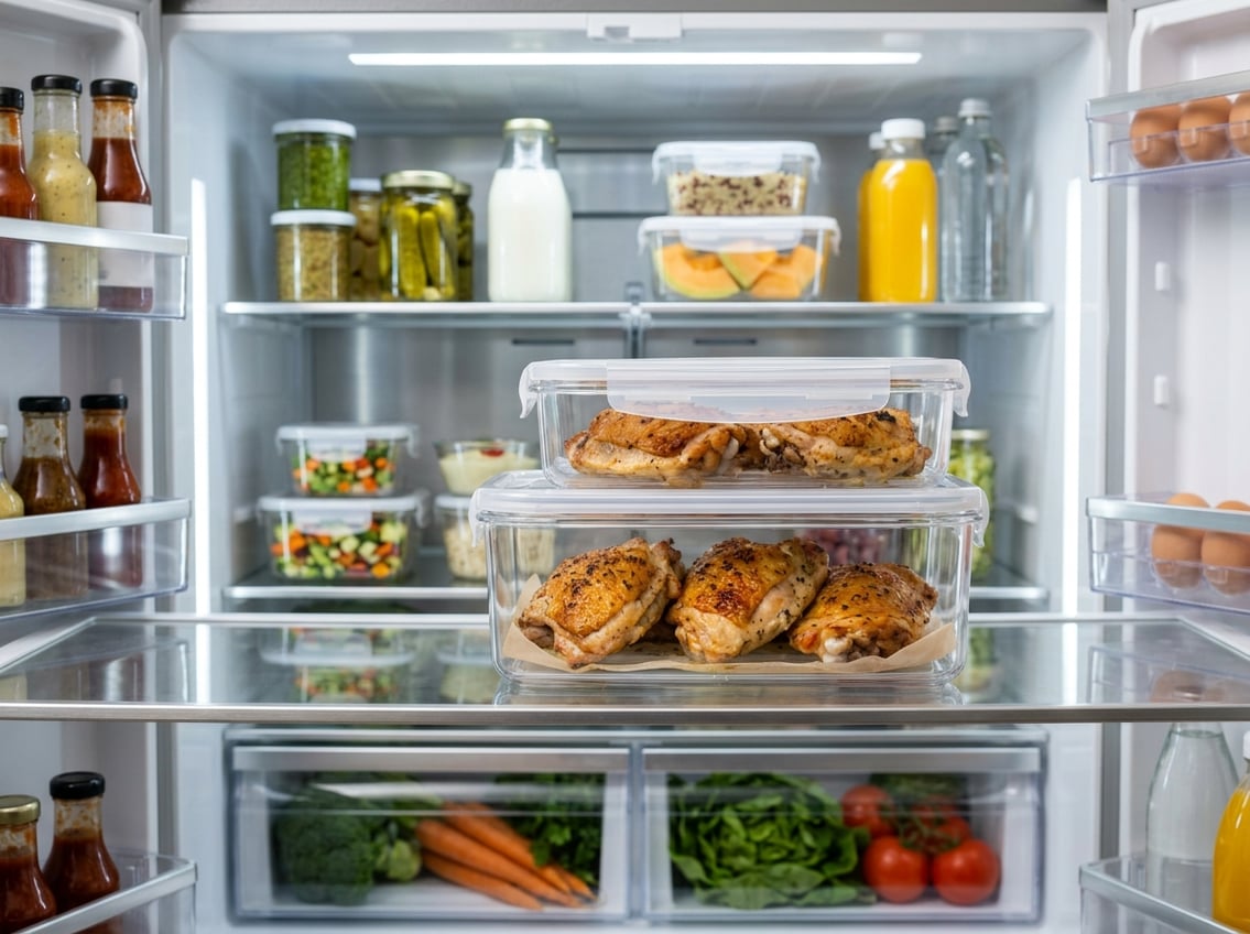 Inside a clean refrigerator showing cooked chicken thighs stored in clear containers on a shelf with fresh vegetables in the background.