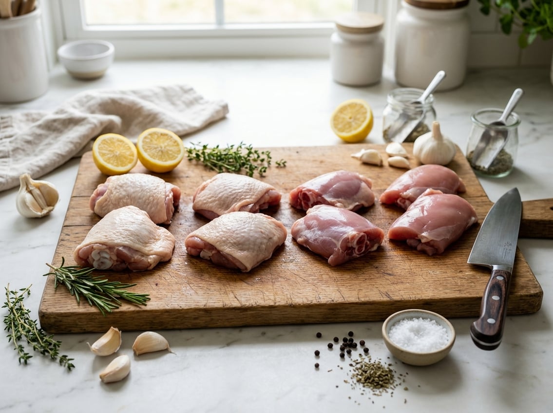 Various types of raw chicken thighs on a wooden cutting board surrounded by fresh herbs, garlic, lemon, spices, and a chef's knife on a kitchen countertop.