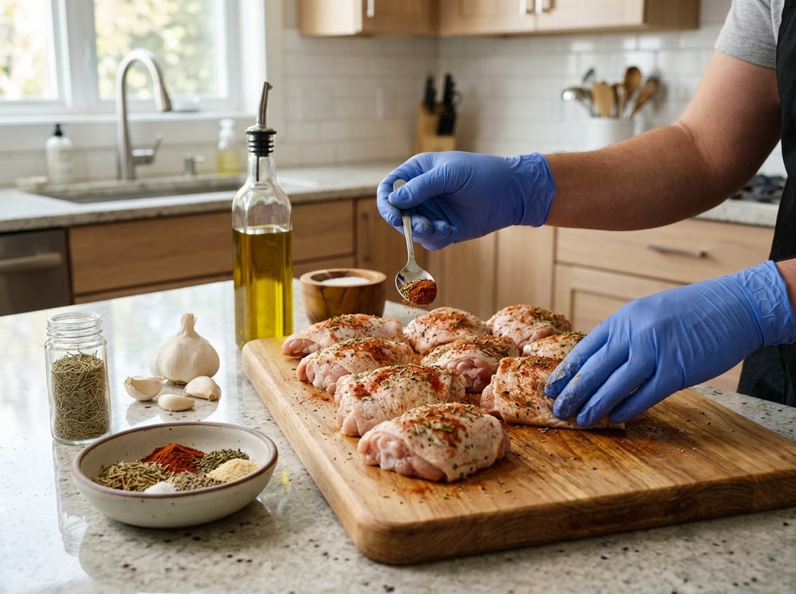 Hands seasoning raw chicken thighs on a wooden cutting board in a kitchen.