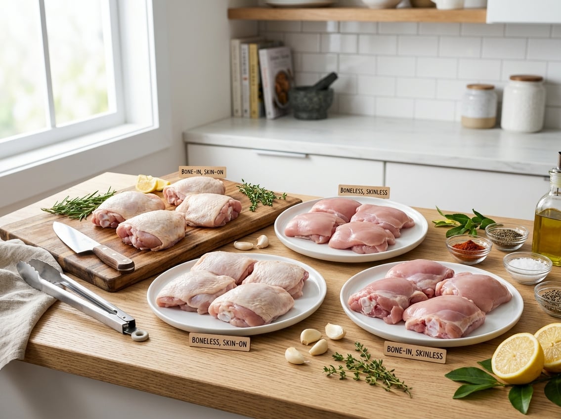 Raw chicken thighs of different types arranged on plates and cutting boards with herbs, spices, and kitchen tools on a kitchen countertop.