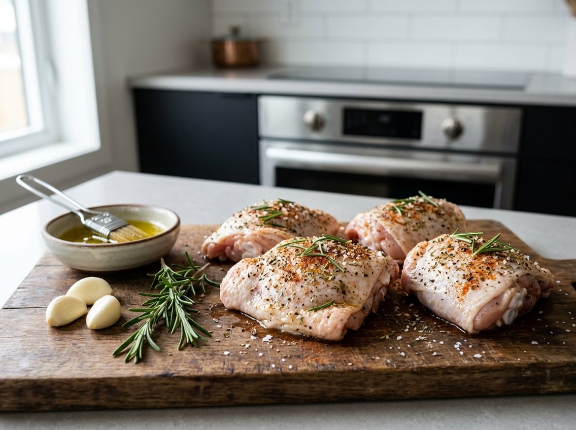 Raw seasoned chicken thighs on a wooden cutting board with herbs and garlic in a kitchen setting.