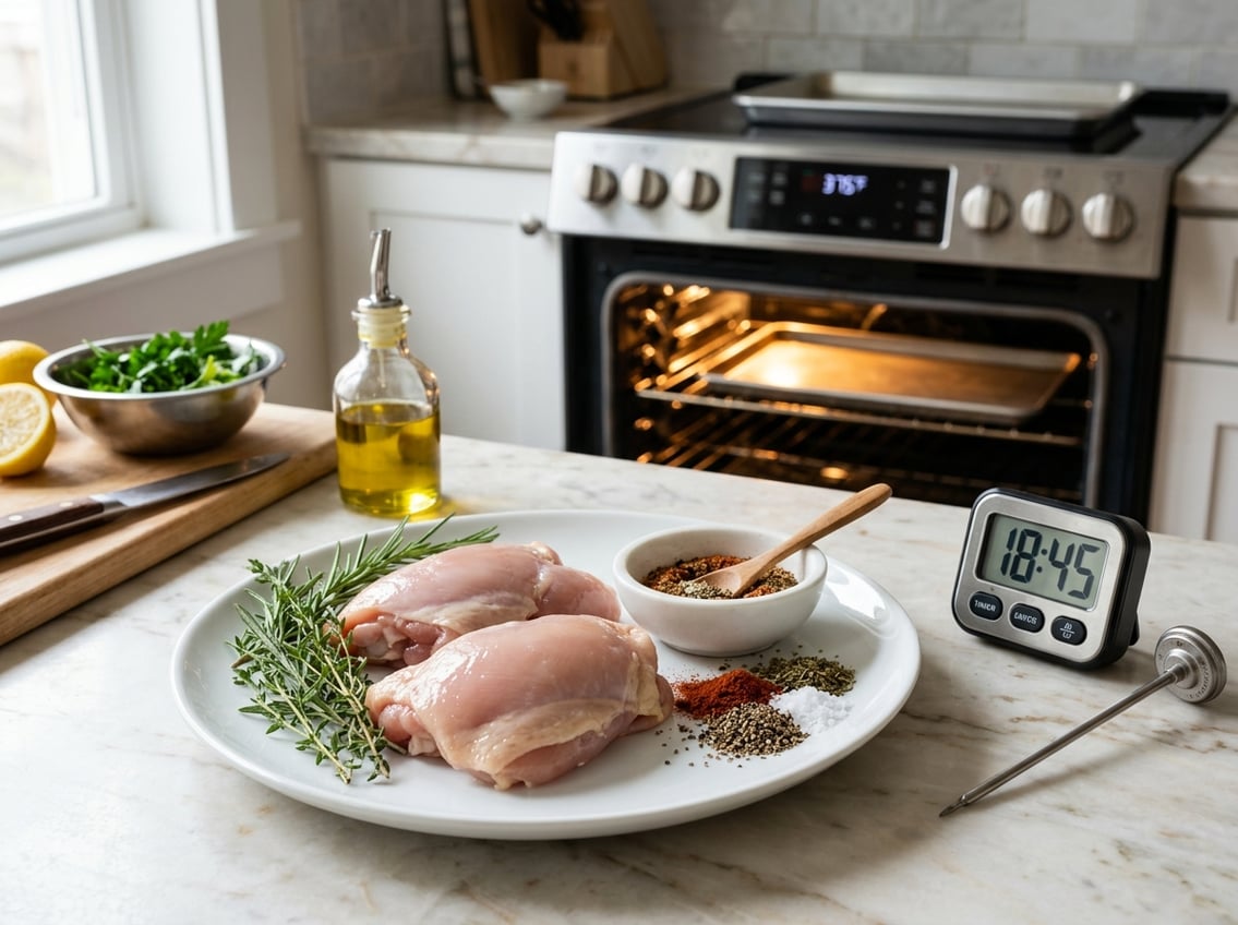 Raw boneless chicken thighs on a plate with herbs and spices next to a kitchen timer and an open oven in a bright kitchen.