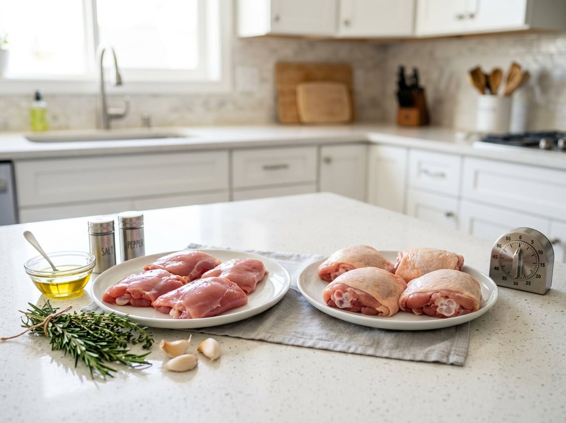 Two plates on a kitchen countertop showing raw boneless chicken thighs and bone-in chicken thighs surrounded by herbs, garlic, and cooking ingredients.