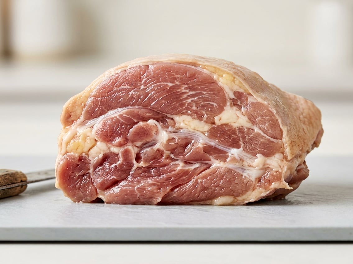 Close-up cross-section of a raw chicken thigh showing muscle fibers and fat layers.