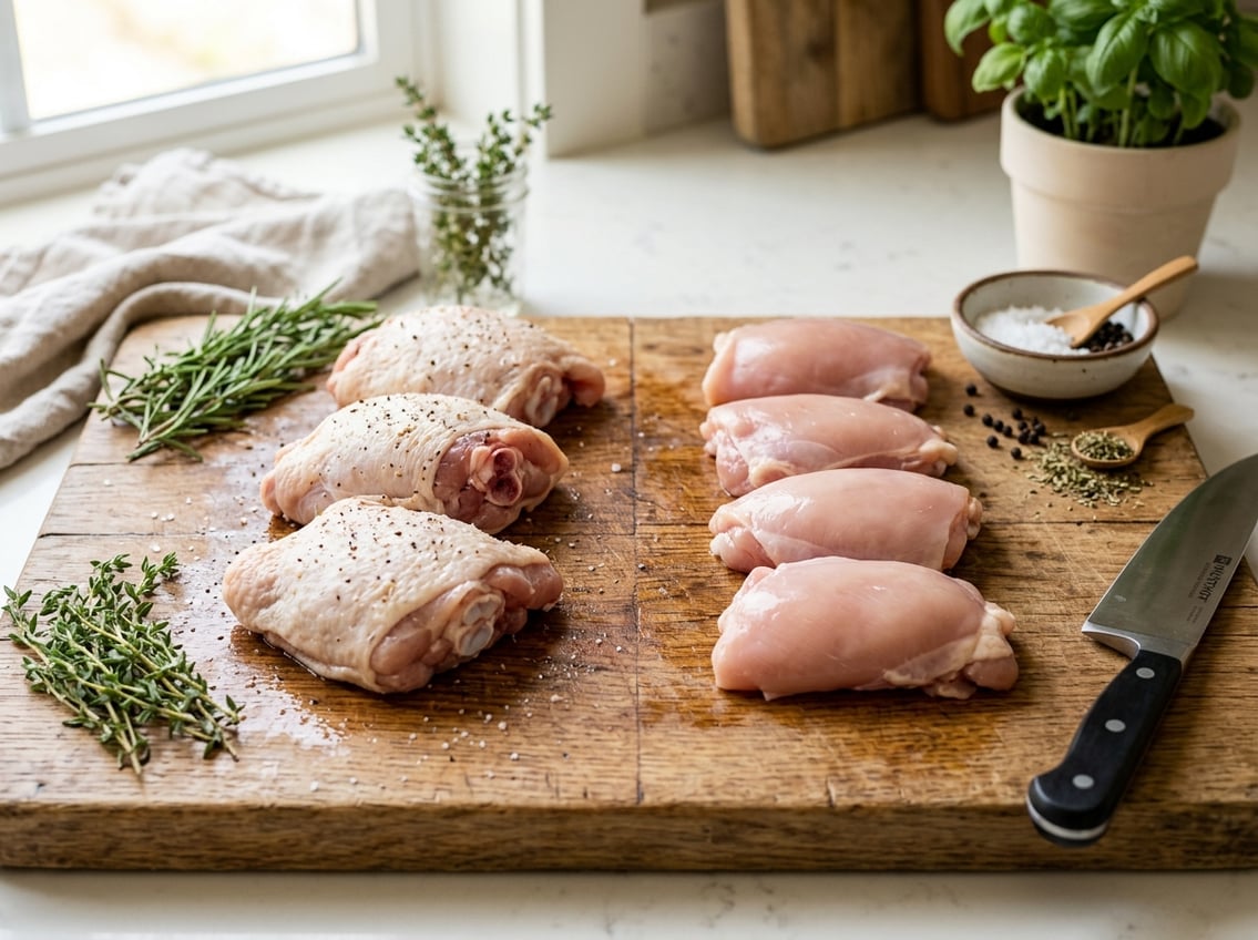 Close-up of bone-in and boneless raw chicken thighs on a wooden cutting board with herbs and a knife nearby.