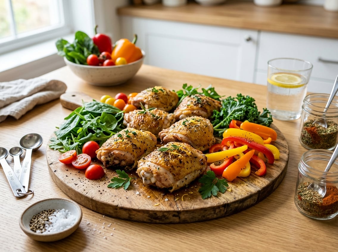 Cooked chicken thighs on a wooden cutting board surrounded by fresh vegetables in a kitchen setting.