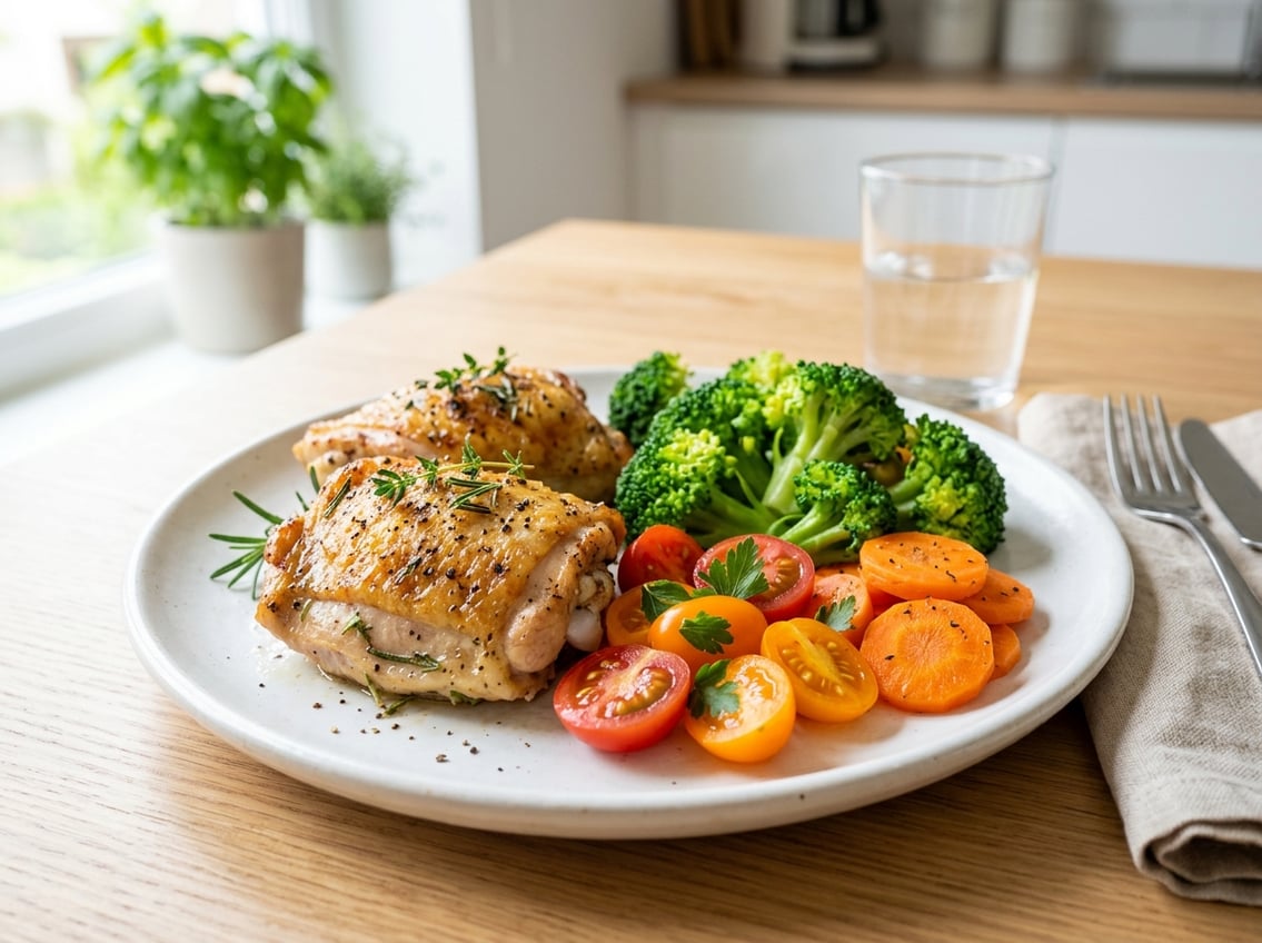 A plate with cooked chicken thighs and fresh vegetables on a table in a bright kitchen.
