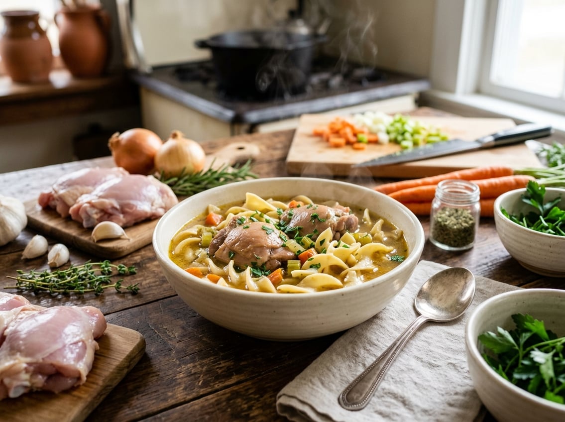 A bowl of chicken and noodles with tender chicken thighs, fresh herbs, and vegetables on a wooden table in a kitchen setting.