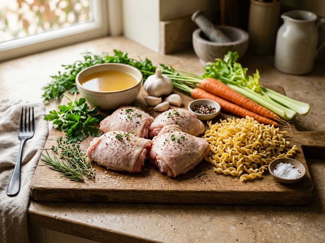 Fresh raw chicken thighs and uncooked egg noodles on a wooden cutting board surrounded by herbs, garlic, carrots, celery, and chicken broth on a kitchen countertop.