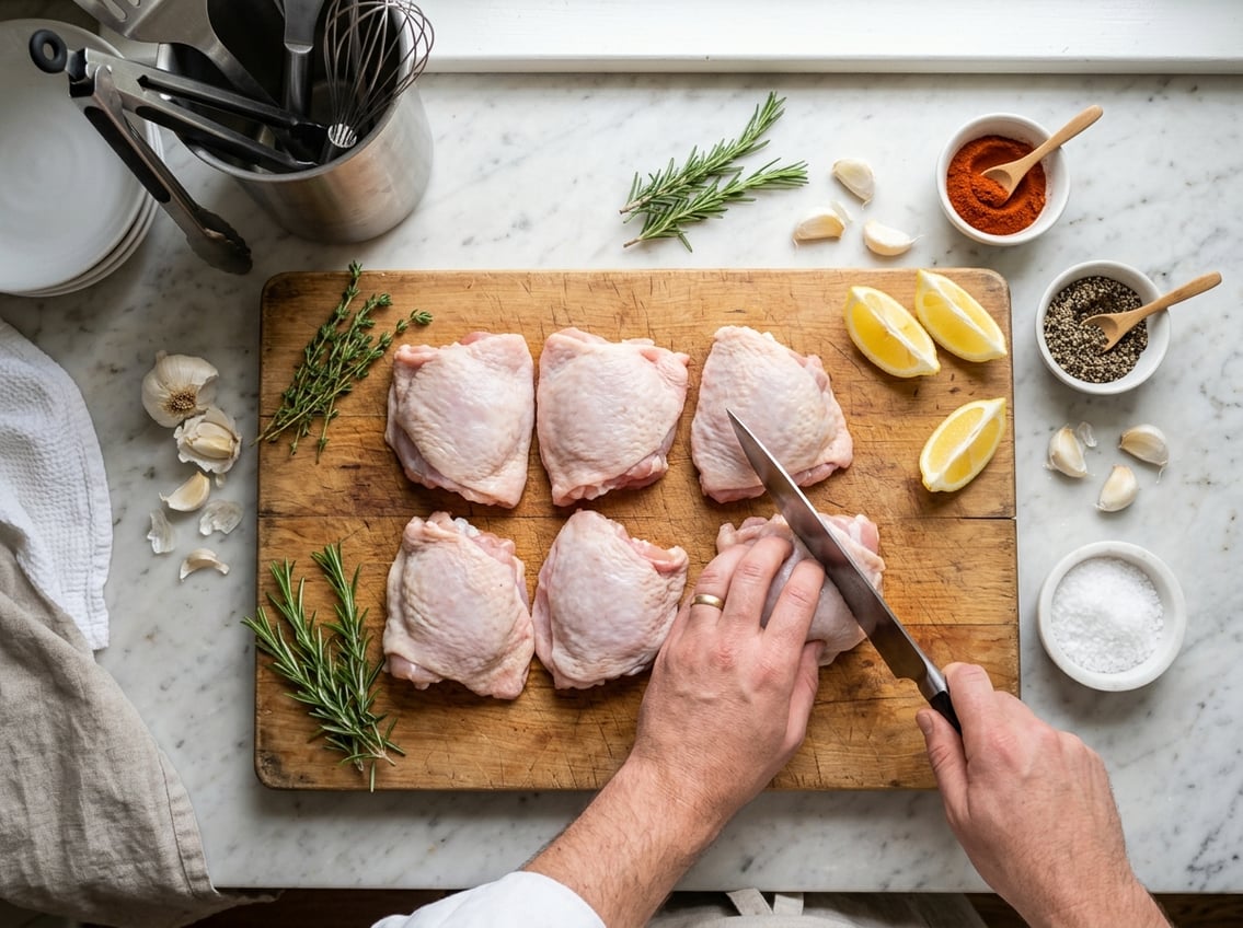 Top-down view of raw chicken thighs on a cutting board surrounded by fresh ingredients and a hand holding a knife in a kitchen.
