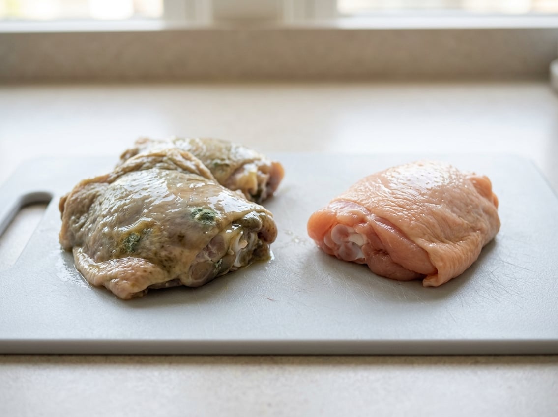 Raw chicken thighs on a cutting board showing discoloration and slimy texture indicating spoilage next to fresh chicken thighs.