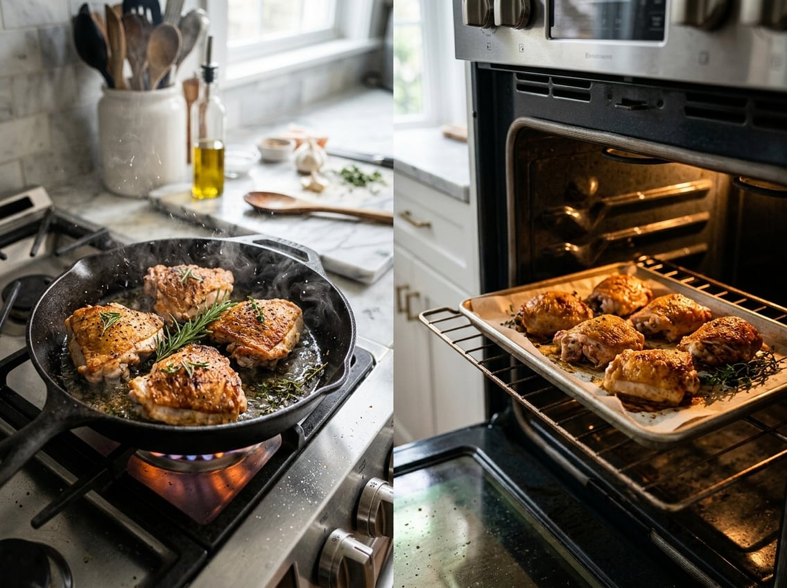 Close-up of crispy chicken thighs cooking in a skillet with an oven roasting chicken in the background.