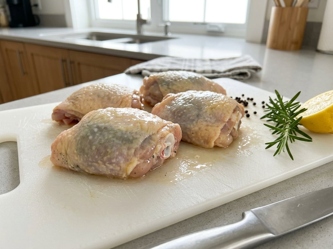 Close-up of raw chicken thighs on a cutting board showing discoloration and slimy texture indicating spoilage.