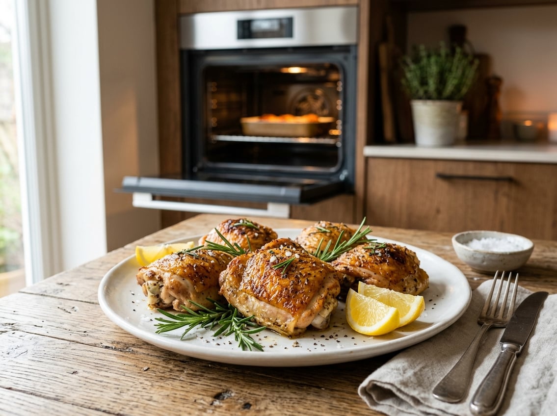 Plate of golden-brown cooked chicken thighs garnished with rosemary and lemon on a wooden table with a kitchen oven in the background.