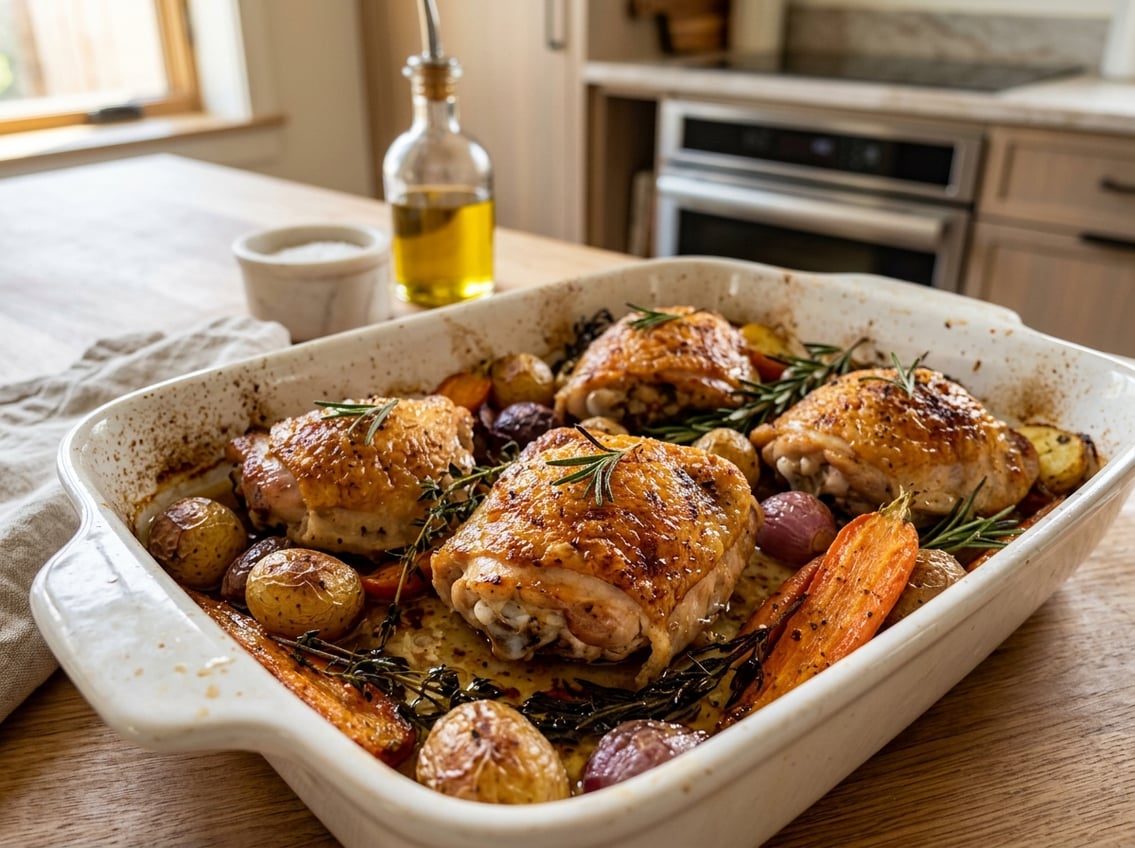 Golden brown cooked chicken thighs on a white baking dish with roasted vegetables and herbs on a kitchen countertop.