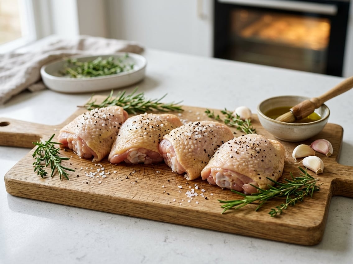 Raw chicken thighs seasoned with salt, pepper, and herbs on a wooden cutting board in a kitchen setting.
