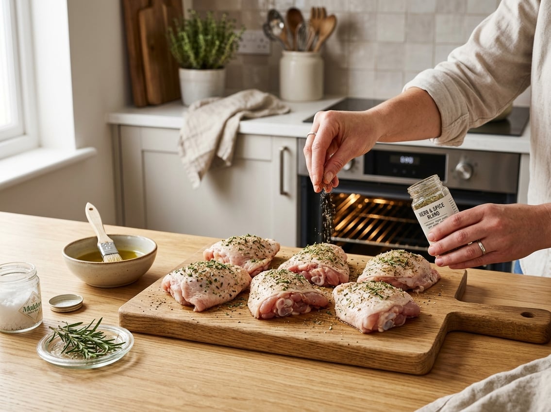 Raw chicken thighs being seasoned on a wooden cutting board in a kitchen with an open oven in the background.