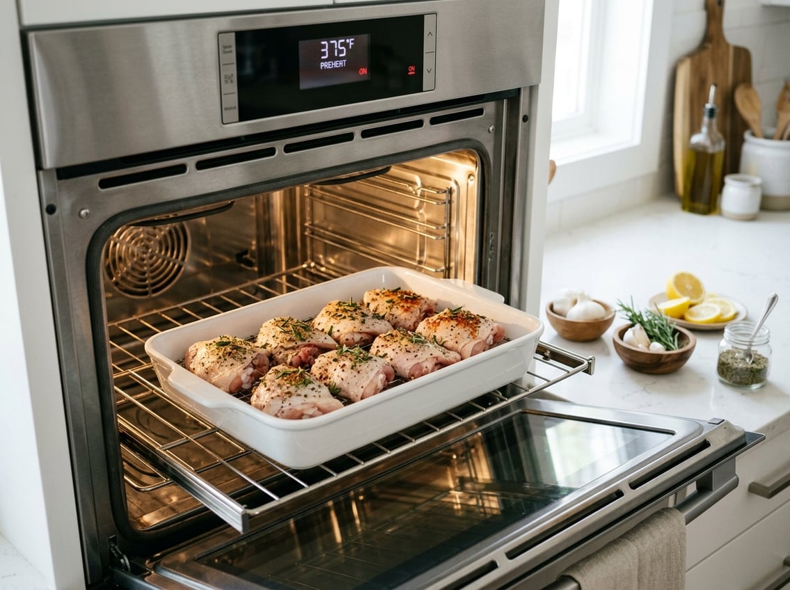 Raw seasoned chicken thighs in a baking dish inside an open oven with fresh ingredients on a kitchen countertop.