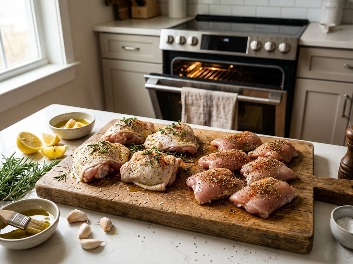 Two types of seasoned chicken thighs, bone-in and boneless, on a cutting board with fresh herbs and ingredients, next to an open oven in a kitchen.