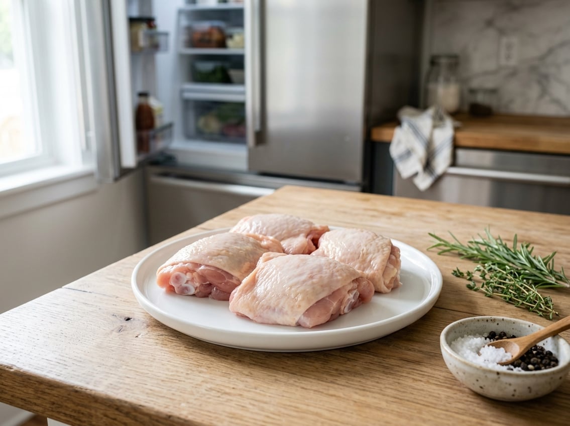 Raw chicken thighs on a white plate with herbs on a wooden countertop and a slightly open refrigerator door in the background.