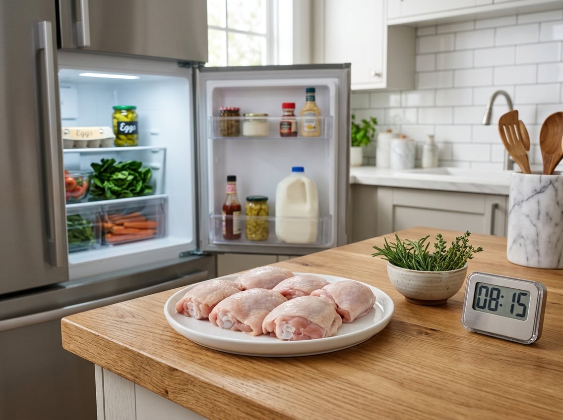Raw chicken thighs on a white plate on a kitchen counter with an open refrigerator in the background and a kitchen timer nearby.