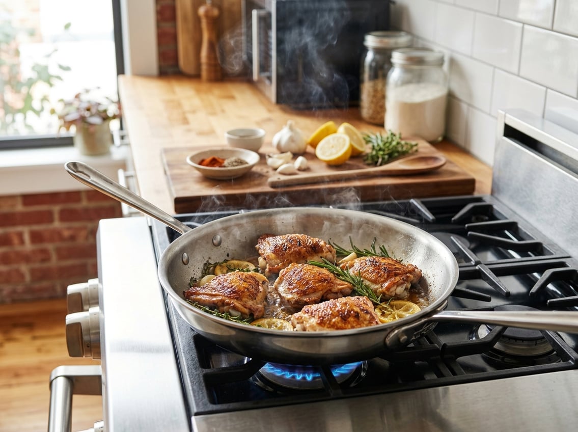 A stovetop skillet cooking golden-brown chicken thighs with fresh herbs and ingredients nearby.