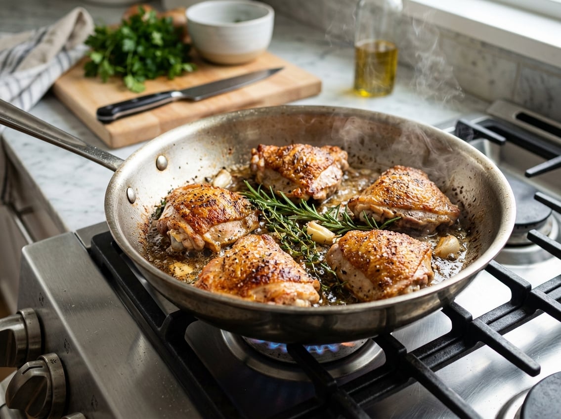 Close-up of chicken thighs cooking in a skillet on a stove with herbs and steam visible.