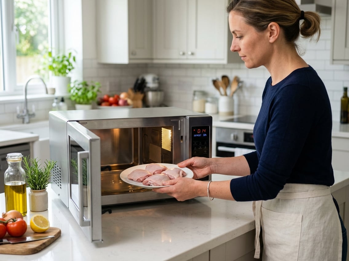 Person defrosting raw chicken thighs in a microwave in a clean kitchen.