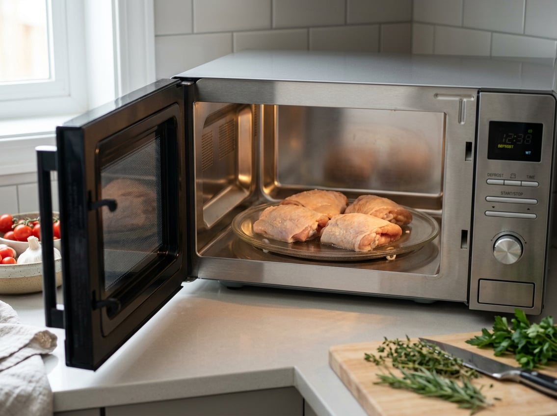 Raw chicken thighs on a glass plate inside an open microwave in a clean kitchen.